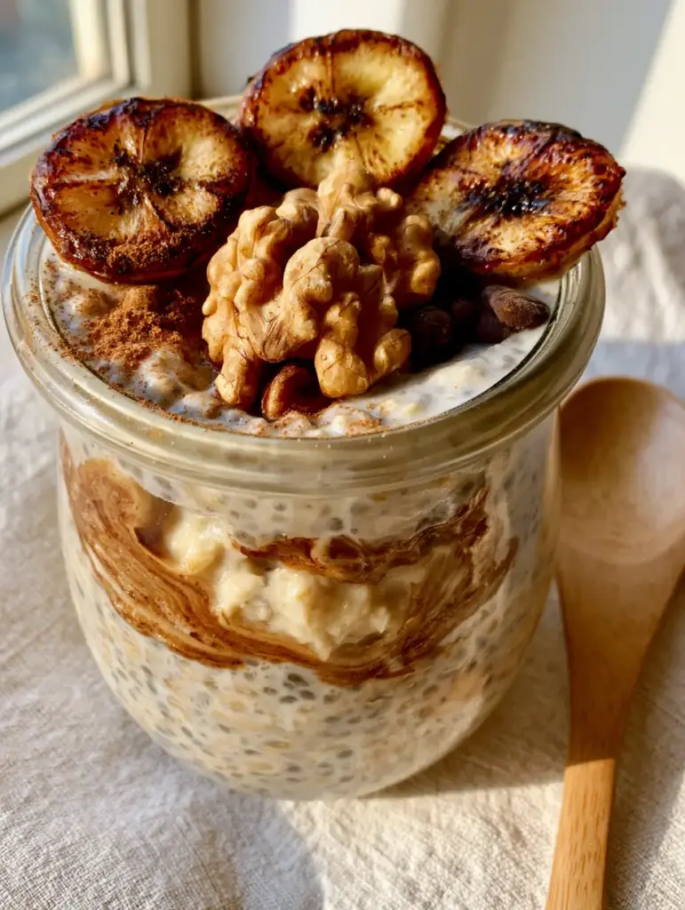Banana Bread Overnight Oats with Caramelized Bananas and Walnuts 1 Detailed view of the top of the oats jar showing charred banana slices, toasted walnuts, and dark chocolate chips.