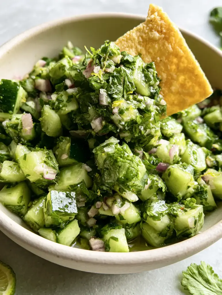 Detailed view of diced English cucumber, red onion, and cilantro with sea salt flakes. (cucumber salsa)
