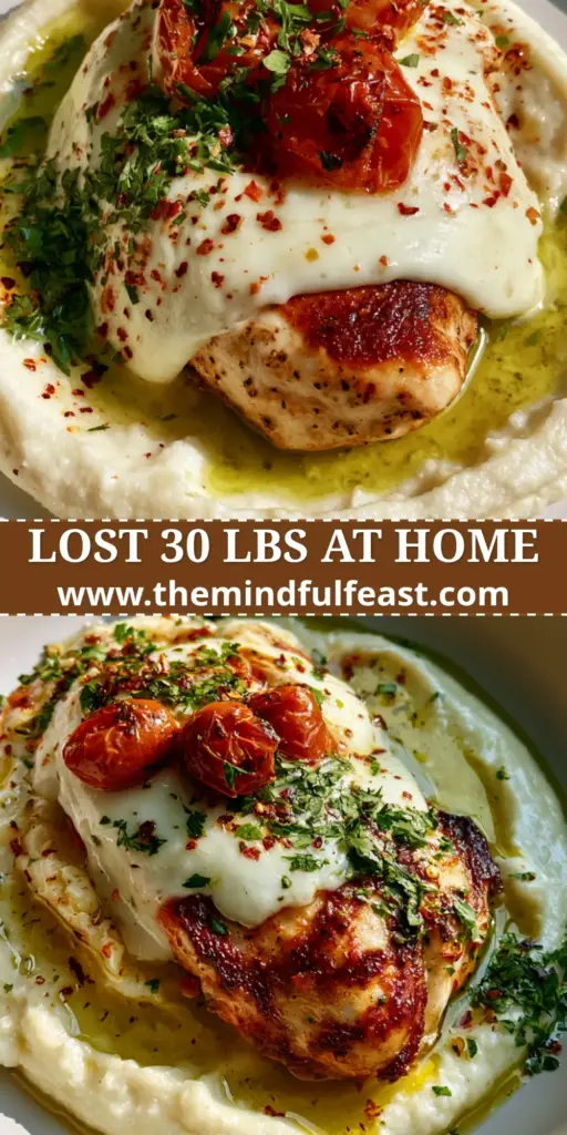 A gourmet health meal featuring seared chicken with melted mozzarella on a bed of cauliflower mash as part of a balanced fitness plan.