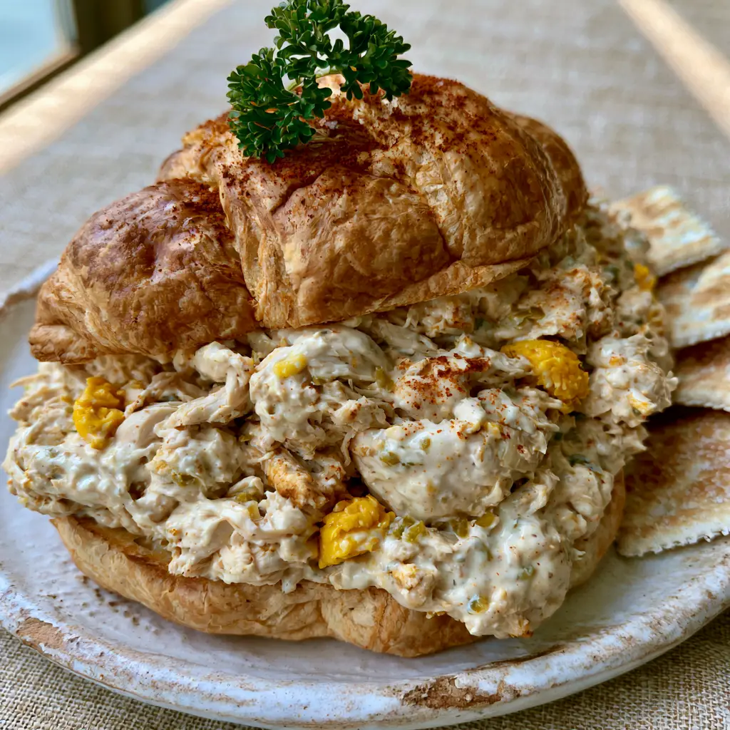 Chicken Salad Chick Olivia's Old South Copycat Recipe 2 Close up of finely shredded chicken salad with bits of egg yolk and sweet relish on a rustic white plate. (Chicken Salad Chick Olivia's Old South)