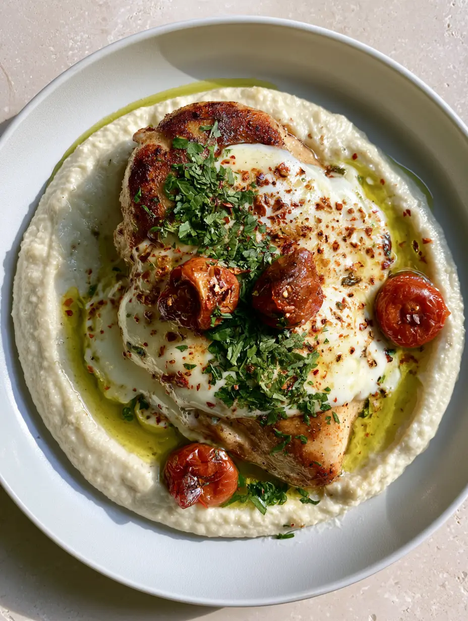 Close-up of seared chicken breast with melted mozzarella and blistered tomatoes on a fitness plan plate.