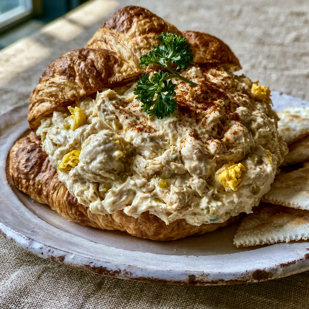 Chicken Salad Chick Olivia's Old South Copycat Recipe 1 Chicken Salad Chick Olivia's Old South served with saltine crackers on a linen tablecloth with natural side lighting.