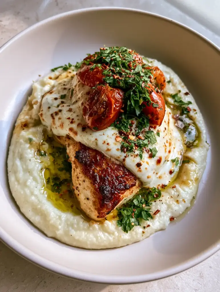 Top-down view of a creamy cauliflower mash bed with butter glisten and herb oil for a healthy fitness plan meal.