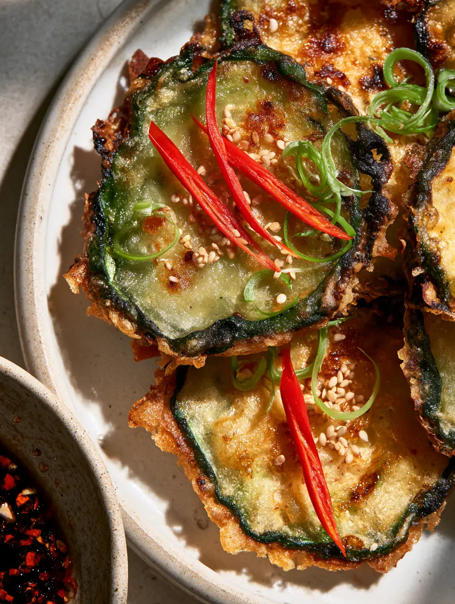 Korean Zucchini Fritters with Ultra-Crispy Golden Egg Batter 3 Top-down macro shot of Korean Zucchini Fritters showing the lacy egg batter fringe and charred savory bits.