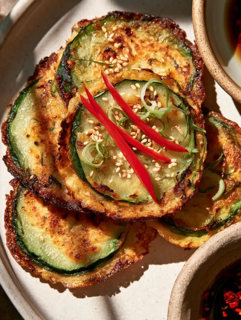 Korean Zucchini Fritters with Ultra-Crispy Golden Egg Batter 1 Artfully stacked Korean Zucchini Fritters next to a stone bowl of dark soy dipping sauce with chili flakes.