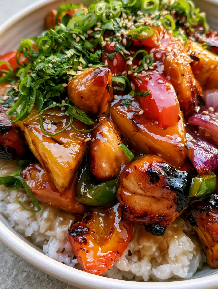 Close up of caramelized chicken cubes and glossy amber glaze in a Hawaiian chicken with coconut rice bowl.