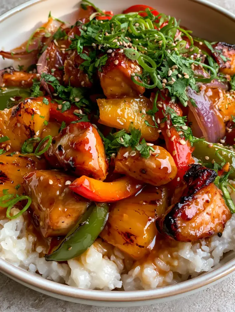 Overhead view of fluffy coconut rice topped with charred pineapple and blistered red and green peppers.
