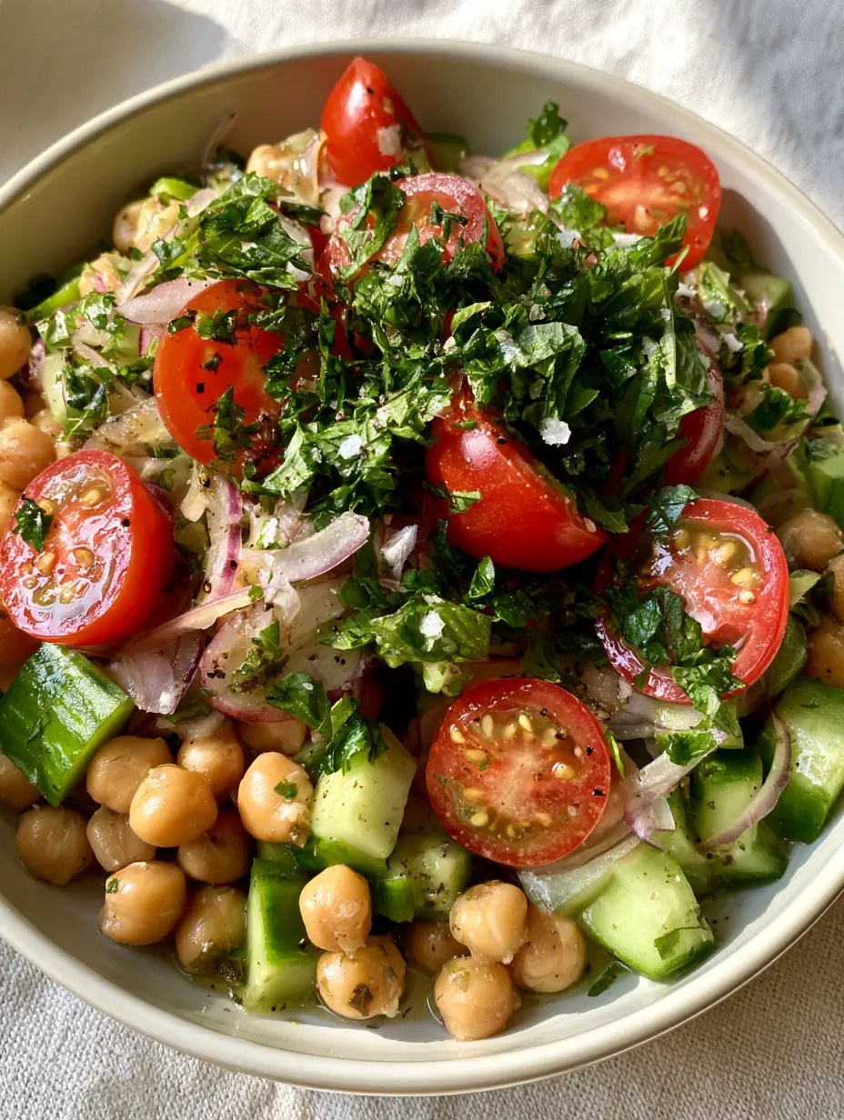 A close-up smartphone photo of a vibrant garbanzo bean salad featuring golden-tan chickpeas, green cucumbers, and glossy vinaigrette.