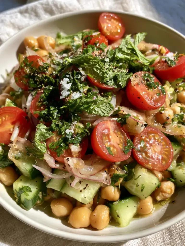 An overhead view of the garbanzo bean salad showing the clean and abundant plating on a linen background.