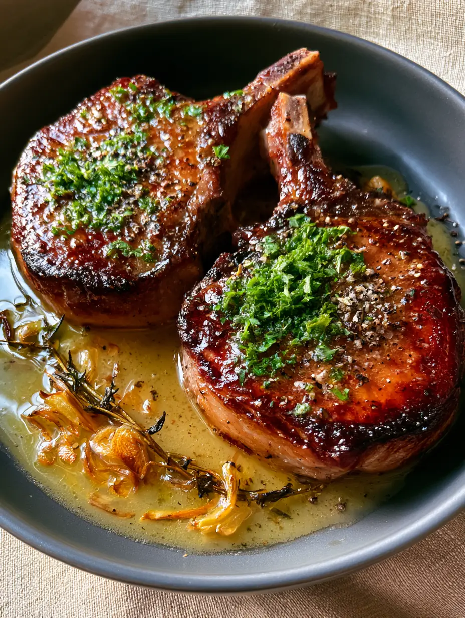 Pork Chops Recipe: The Secret to a Deep Mahogany Sear and Garlic Butter Bliss 3 Two thick-cut bone-in pork chops with a deep mahogany sear and garlic butter. (pork chops recipe)
