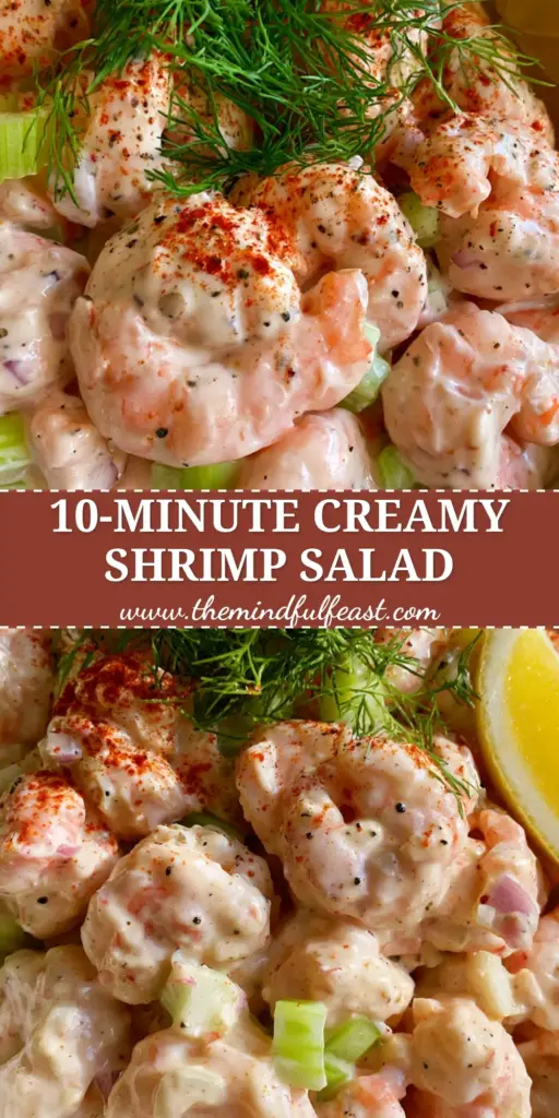 Cold Shrimp Salad with Creamy Old Bay Dressing and Fresh Dill 4 A premium cold shrimp salad in a white bowl featuring succulent pink shrimp, a thick ivory dressing, neon-green celery, and fresh dill sprigs.