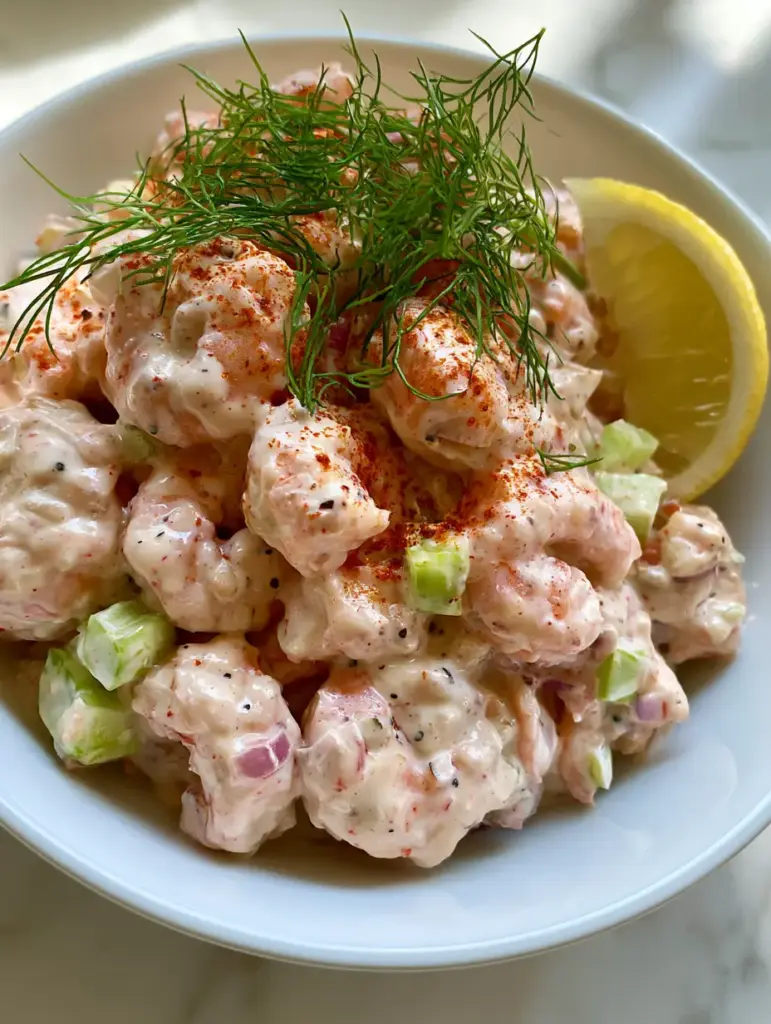 Cold Shrimp Salad with Creamy Old Bay Dressing and Fresh Dill 2 Top-down photo of succulent pink cold shrimp salad with glossy dressing and neon celery gems.