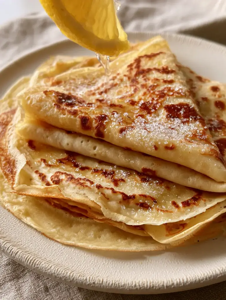 English Pancakes: How to Master Paper-Thin Lacy Edges and Golden Leopard Spots 1 Smartphone photo of English pancakes being drizzled with fresh lemon juice and granulated sugar.