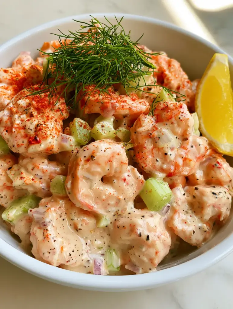 Cold Shrimp Salad with Creamy Old Bay Dressing and Fresh Dill 1 Close up of cold shrimp salad showing moisture on the shrimp and vibrant green dill sprigs.