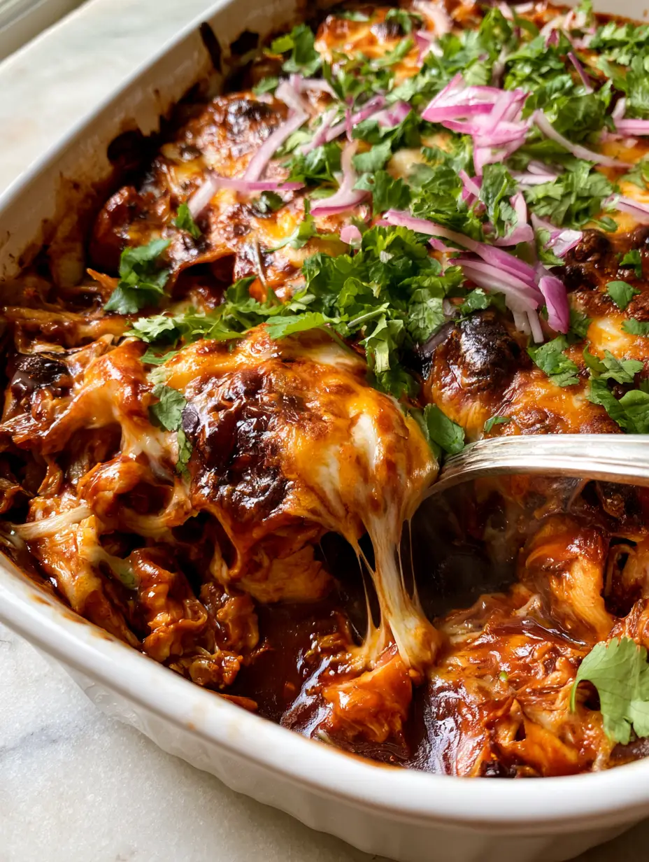 BBQ Chicken Casserole with Bubbling Melted Cheese and Smoky Mahogany Sauce 3 Overhead shot of BBQ Chicken Casserole showing bubbling charred cheese and fresh cilantro garnishes. (BBQ Chicken Casserole)