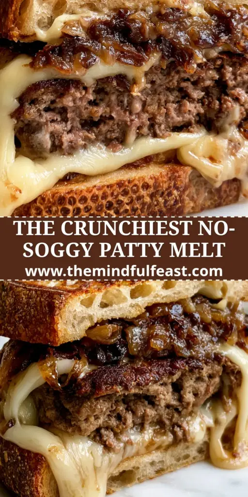 A gourmet Patty Melt sliced in half showing molten Swiss and Gruyere cheese cascading over a seared beef patty and jammy onions on toasted sourdough.