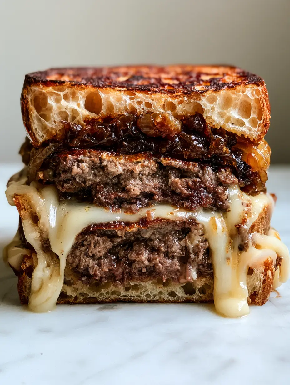 Close up of a Patty Melt showing the thick honeycomb crust of the sourdough and the jagged, seared edges of the beef patty.