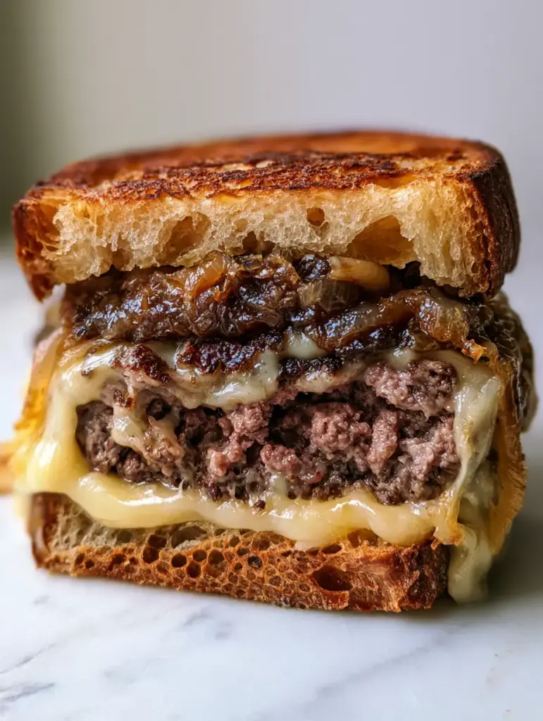 Cross section of a gourmet Patty Melt showing jammy mahogany caramelized onions and gooey molten cheese ribbons.