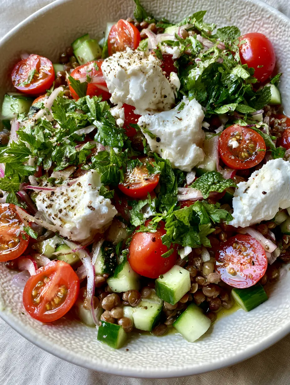Lentil Salad: The Ultimate Vibrant Mediterranean Recipe 3 Top-down macro photo of Lentil Salad showing firm green lentils, translucent red onion slivers, and glossy vinaigrette pooling in crevices.