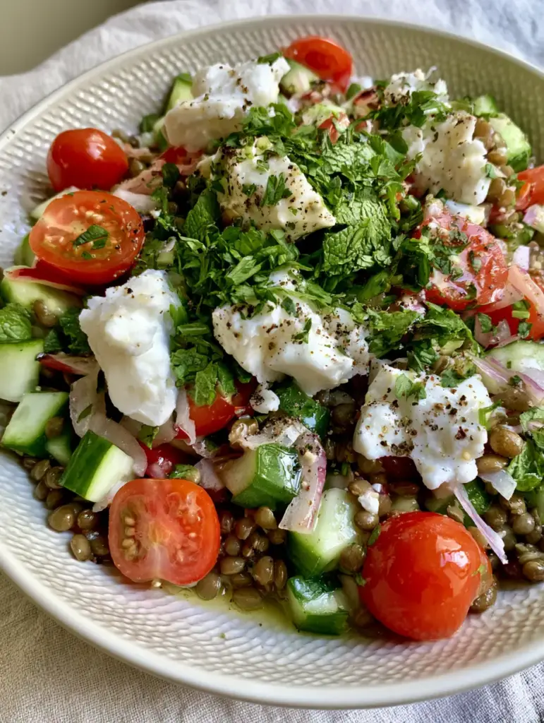 Lentil Salad: The Ultimate Vibrant Mediterranean Recipe 1 Close-up of Mediterranean Lentil Salad with chunky white feta crumbles and fresh chopped parsley and mint.
