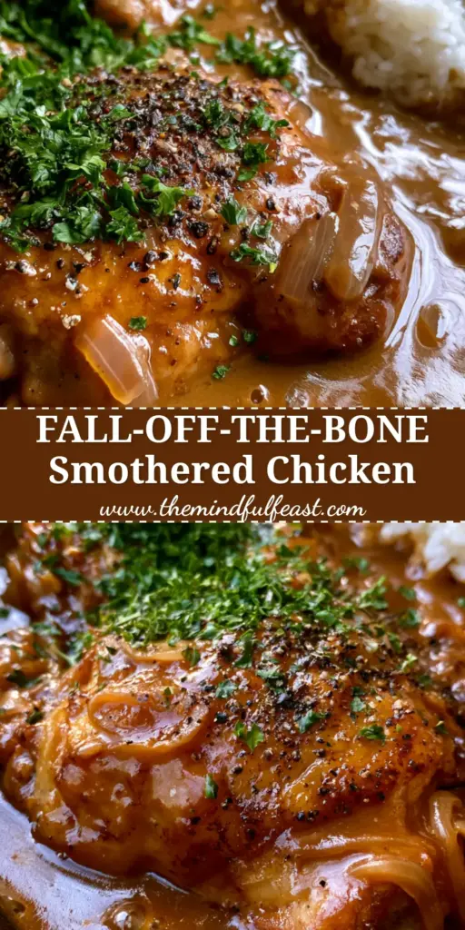 Southern Smothered Chicken with Velvety Brown Gravy and Caramelized Onions 3 A close-up of Southern Smothered Chicken thighs in a cast iron skillet with thick brown gravy and parsley. (Southern Smothered Chicken)