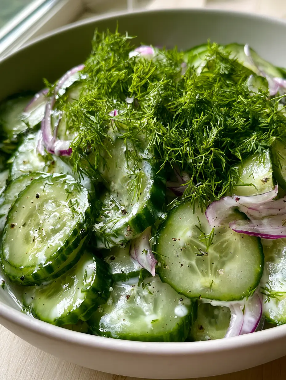 Cucumber Dill Salad: The Ultimate Crisp and Refreshing Summer Side 3 Close-up of paper-thin English cucumbers with vibrant green ridges and a glossy vinegar glaze. (cucumber dill salad)