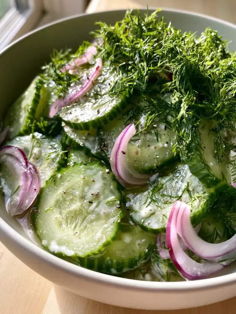Cucumber Dill Salad: The Ultimate Crisp and Refreshing Summer Side 1 Cucumber dill salad garnished with massive amounts of fresh dill and cracked black pepper.