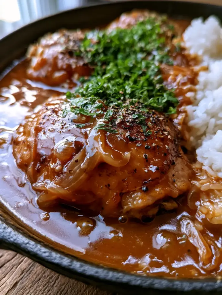 Southern Smothered Chicken with Velvety Brown Gravy and Caramelized Onions 1 Extreme close-up of Southern Smothered Chicken being served next to a mound of steaming white rice. (Southern Smothered Chicken)
