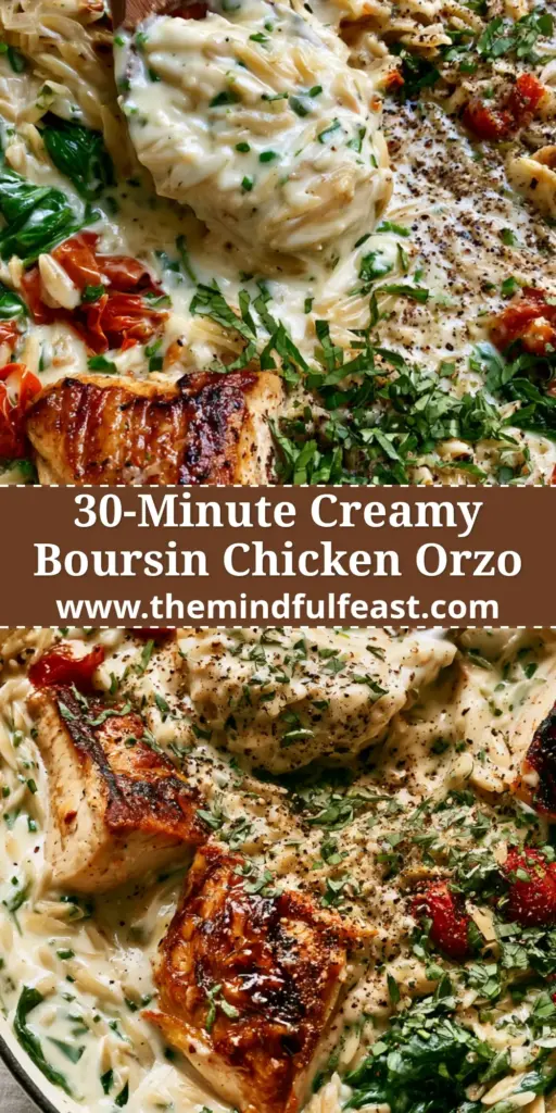 Boursin Orzo with Chicken: The Ultimate Creamy Skillet Dinner 4 A close-up shot of Boursin Orzo with Chicken in a white pan, featuring creamy sauce, spinach, and roasted tomatoes.