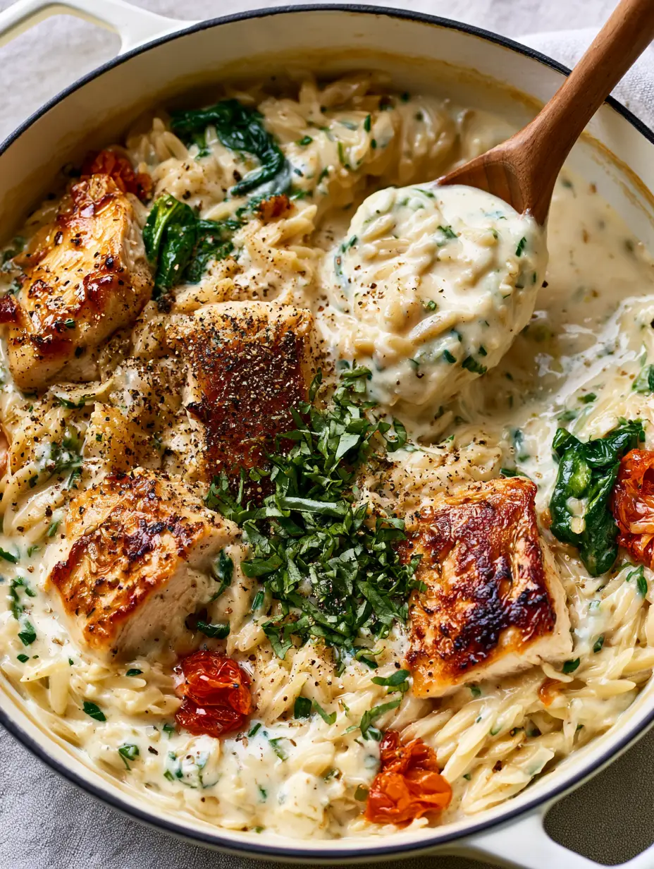 Boursin Orzo with Chicken: The Ultimate Creamy Skillet Dinner 3 Top-down photo of Boursin Orzo with Chicken showing velvety white sauce, chive flecks, and seared chicken chunks.