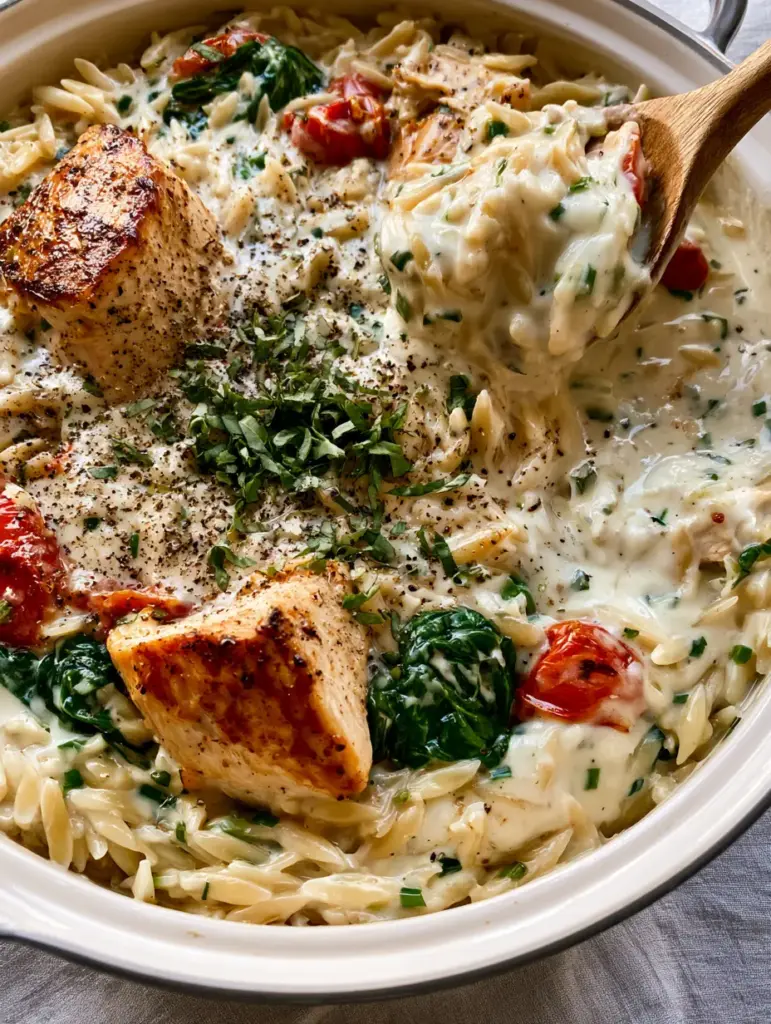 Boursin Orzo with Chicken: The Ultimate Creamy Skillet Dinner 1 Close up of a wooden spoon lifting a portion of glistening Boursin Orzo with Chicken from a white skillet.