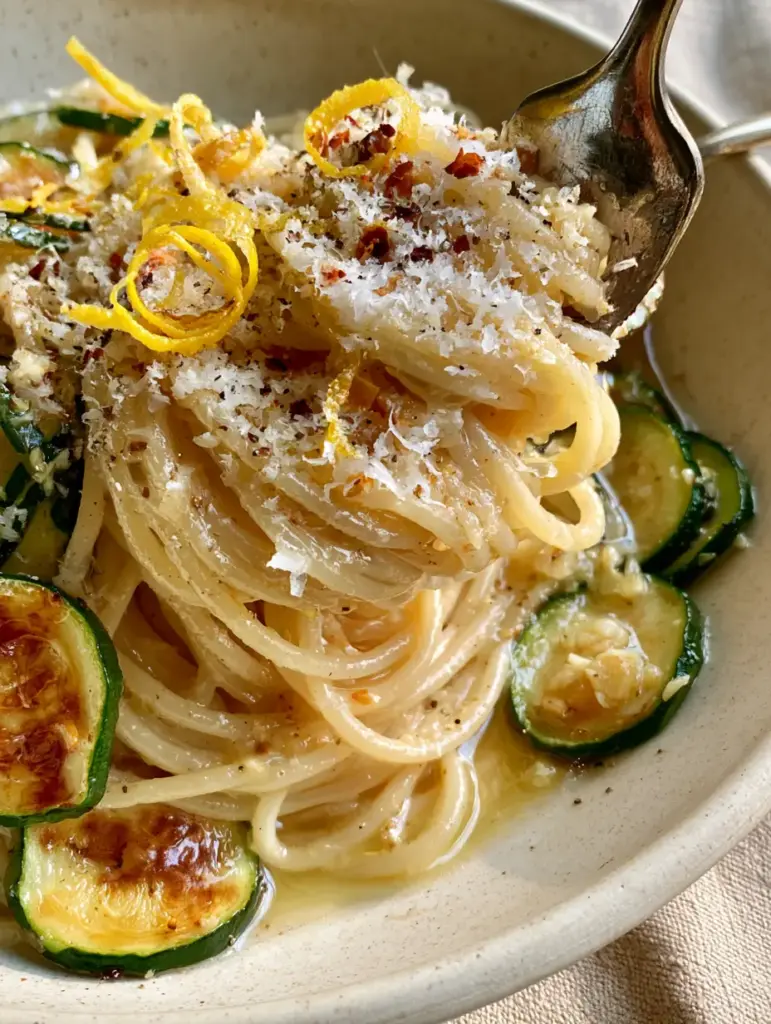 Lemon Zucchini Pasta with Garlic Butter and Charred Summer Squash 2 Macro shot of a fork twirling Lemon Zucchini Pasta coated in a shimmering, translucent butter sauce.