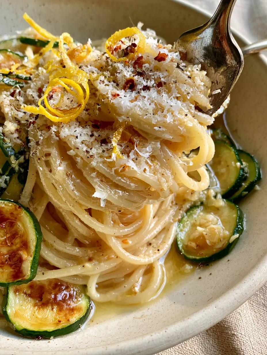 Lemon Zucchini Pasta with Garlic Butter and Charred Summer Squash 3 Macro shot of a fork twirling Lemon Zucchini Pasta coated in a shimmering, translucent butter sauce.