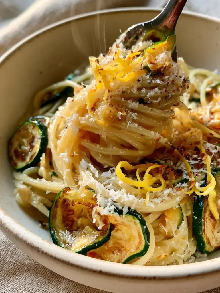 Lemon Zucchini Pasta with Garlic Butter and Charred Summer Squash 1 Extreme close-up of seared zucchini half-moons with golden-brown edges mixed into spaghetti with red chili flakes.