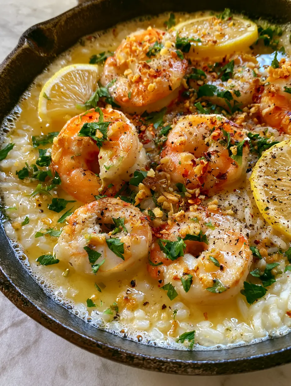 Garlic Butter Shrimp and Rice: The Ultimate One-Pan Cast Iron Dinner 3 Top-down view of jumbo shrimp with golden seared edges on a bed of fluffy jasmine rice in a cast iron skillet.