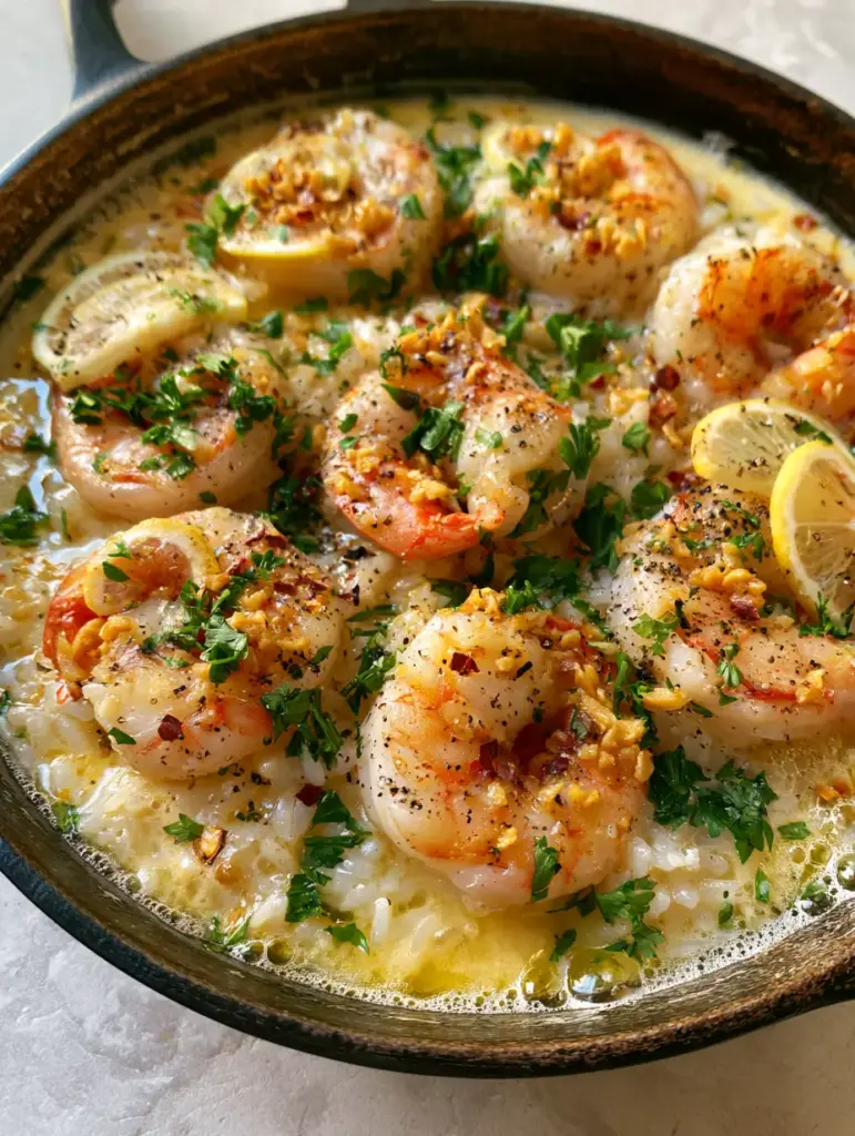 Garlic Butter Shrimp and Rice: The Ultimate One-Pan Cast Iron Dinner 1 Close up of the velvety garlic butter sauce with small bubbles and fresh lemon slices over jasmine rice.