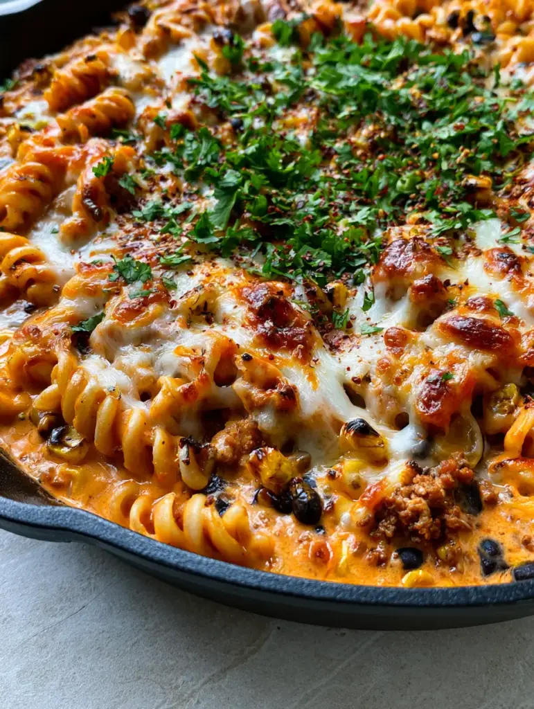 Southwest Ground Beef Pasta with Charred Corn and Velvety Cheese 2 Close up of rotini pasta smothered in orange-red cream sauce with charred corn and beef. (southwest ground beef pasta)