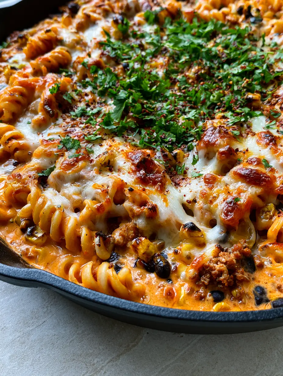 Southwest Ground Beef Pasta with Charred Corn and Velvety Cheese 3 Close up of rotini pasta smothered in orange-red cream sauce with charred corn and beef. (southwest ground beef pasta)