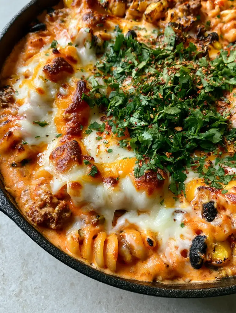 Southwest Ground Beef Pasta with Charred Corn and Velvety Cheese 1 Rustic cast iron skillet featuring southwest ground beef pasta topped with melted jack and cheddar cheese.