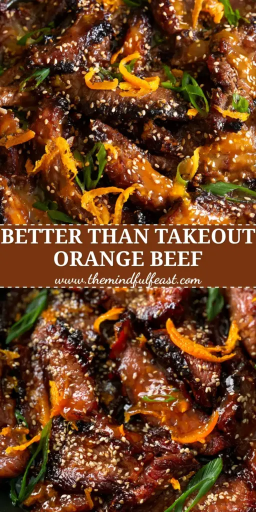 Sticky Orange Beef with Crispy Flank Steak and Citrus Glaze 4 A close-up high-angle photo of Sticky Orange Beef in a cast iron skillet, featuring crispy flank steak strips coated in a glowing orange glaze with sesame seeds and scallions.