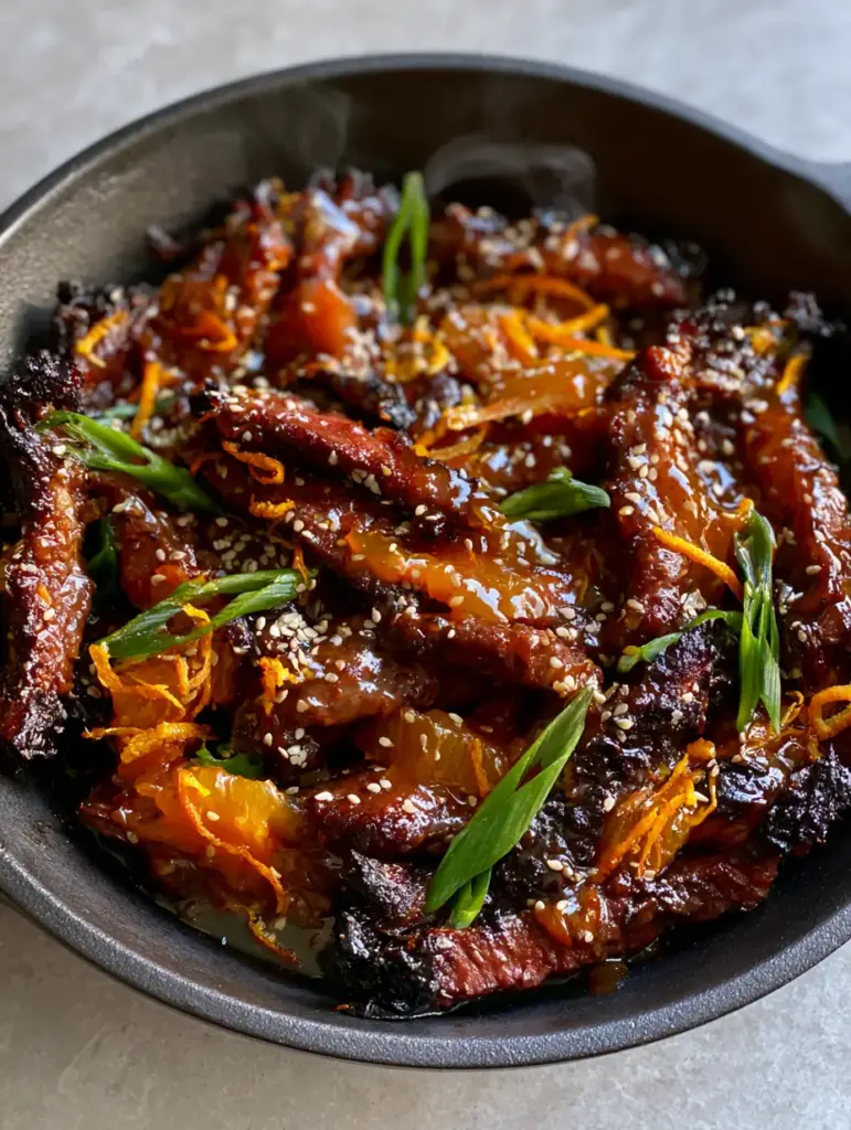 Sticky Orange Beef with Crispy Flank Steak and Citrus Glaze 1 Macro shot of Sticky Orange Beef garnished with toasted white sesame seeds, emerald-green scallions, and delicate orange zest curls.