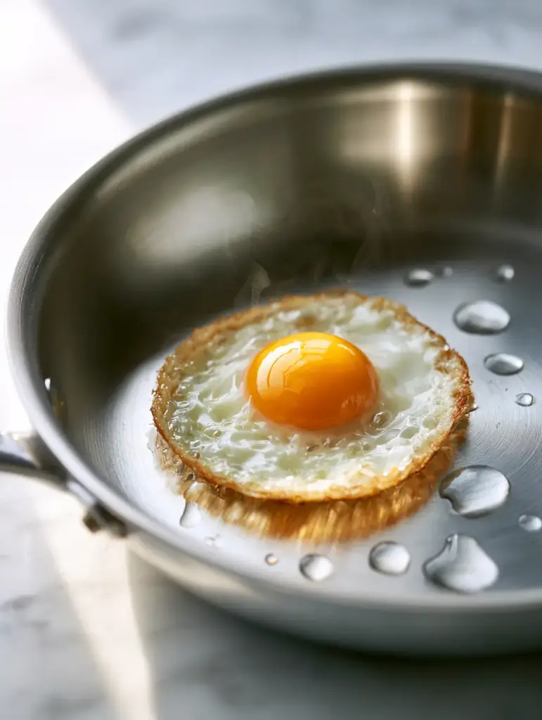 Stainless Steel Pot Cooking Secrets: Mastering the Perfect Crispy Lace Sunny-Side-Up Egg 2 Top-down view of water droplets dancing like mercury on a polished stainless steel pot surface.