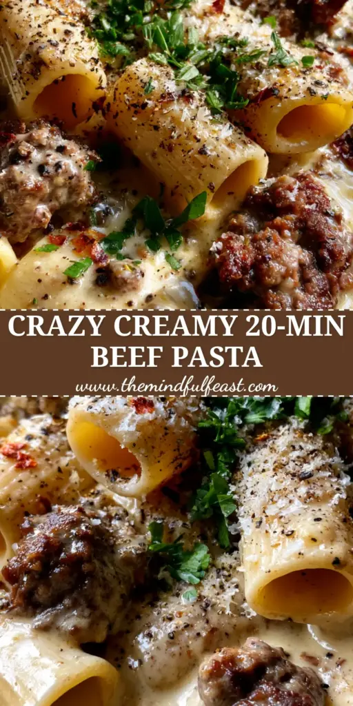 Beef with Pasta: The Ultimate Creamy Garlic Butter Rigatoni 3 A shallow matte ceramic bowl containing beef with pasta in a creamy garlic butter sauce, topped with parsley and parmesan.
