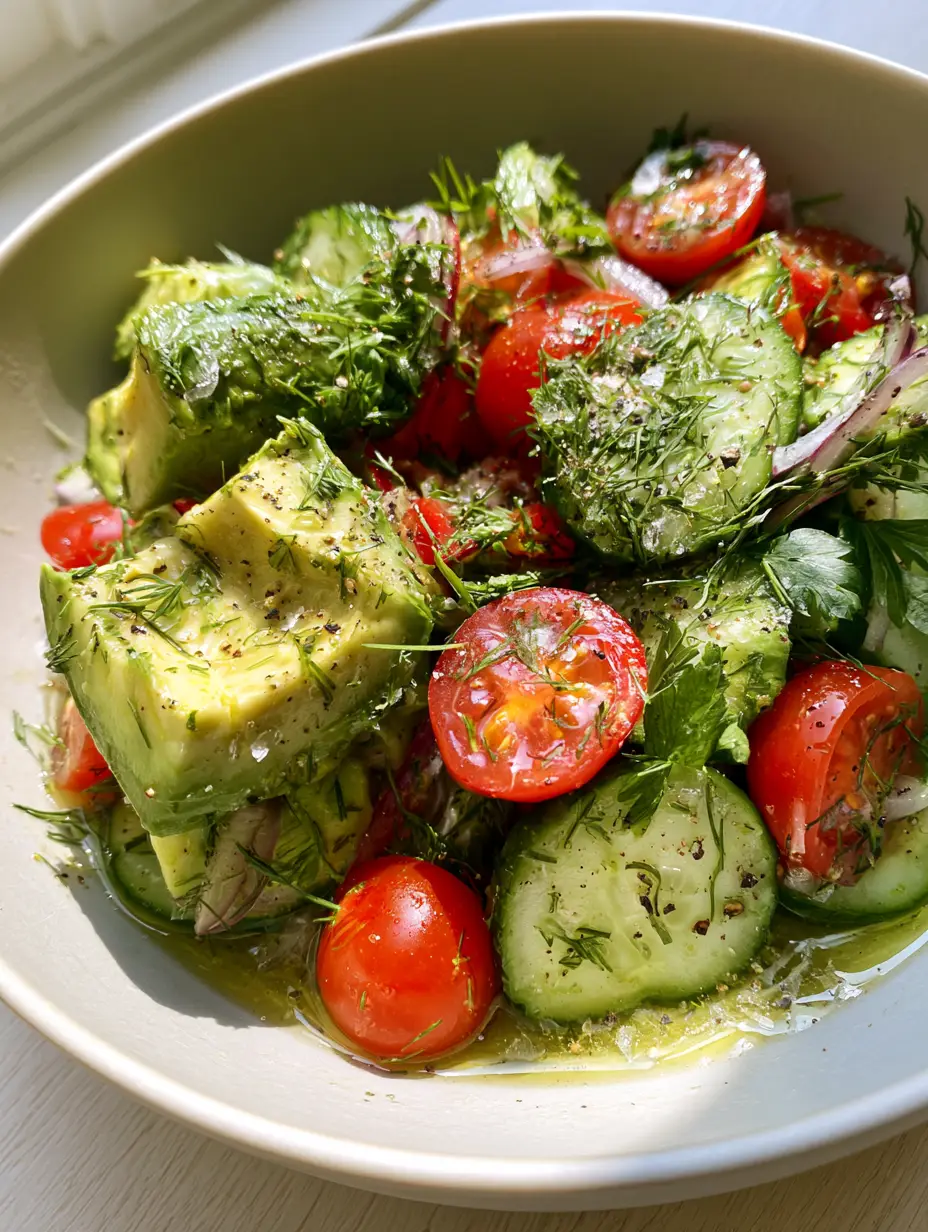 Cucumber Tomato Avocado Salad with Zesty Lemon-Herb Vinaigrette 3 Top-down view of cucumber tomato avocado salad showing thick half-moon cucumber slices and heirloom tomatoes. (cucumber tomato avocado salad)