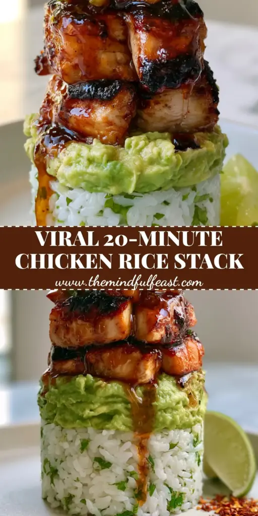 Honey Lime Chicken Avocado Rice Stack: A Gourmet Vertical Layered Feast 4 A vertical layered Honey Lime Chicken Avocado Rice Stack on a white plate with mango salsa and a lime wedge.