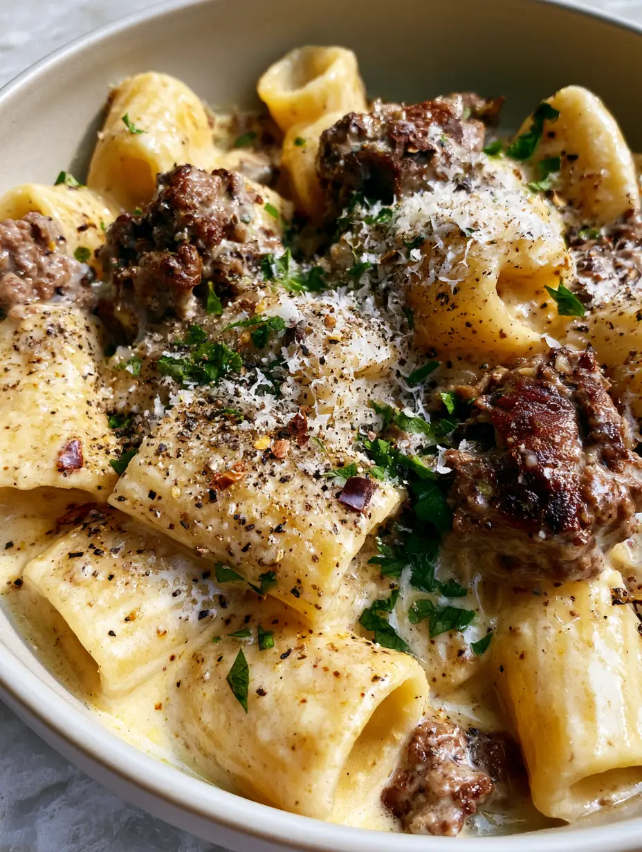 Beef with Pasta: The Ultimate Creamy Garlic Butter Rigatoni 4 Macro shot of rigatoni beef with pasta showing the glossy pale gold sauce and cracked black pepper.