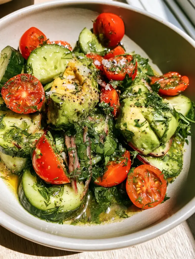 Cucumber Tomato Avocado Salad with Zesty Lemon-Herb Vinaigrette 1 Macro photo showing glistening lemon-herb vinaigrette pooling at the bottom of a cucumber tomato avocado salad bowl.