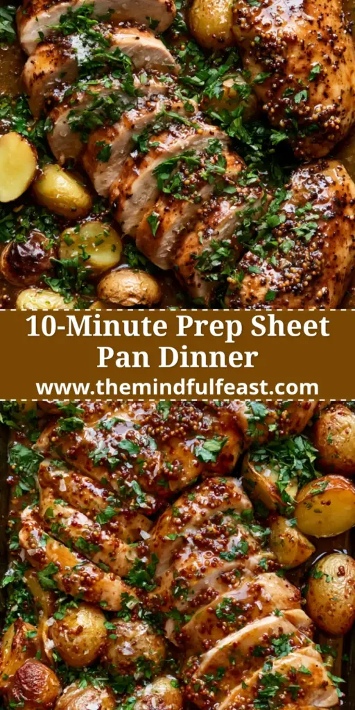 A rustic sheet pan filled with sliced honey mustard chicken and charred baby potatoes, garnished with parsley. (Honey Mustard Chicken and Potatoes)