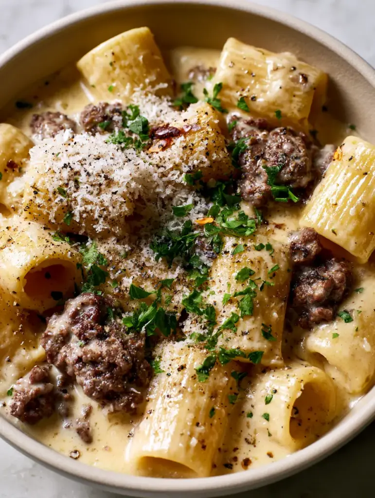 Beef with Pasta: The Ultimate Creamy Garlic Butter Rigatoni 1 Rustic seared beef clusters nestled in creamy pasta with a scatter of fresh parsley.