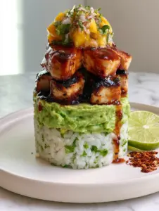 A 45-degree angle shot of a Honey Lime Chicken Avocado Rice Stack showing the glazed chicken and mango salsa layers.